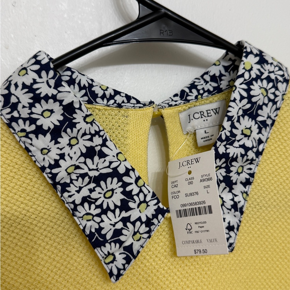 NWT J.CREW Daisy Print Peter Pan Collar Knit Top Yellow Cotton Short Sleeve L - Picture 3 of 11
